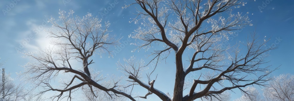 Obraz premium Snowflakes gently falling from the branches of a bare tree in front of a clear blue sky, winter, evergreen