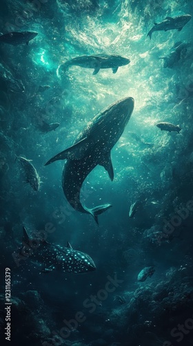 Wallpaper Mural Majestic Whales and Sharks Swim Gracefully Underwater Torontodigital.ca