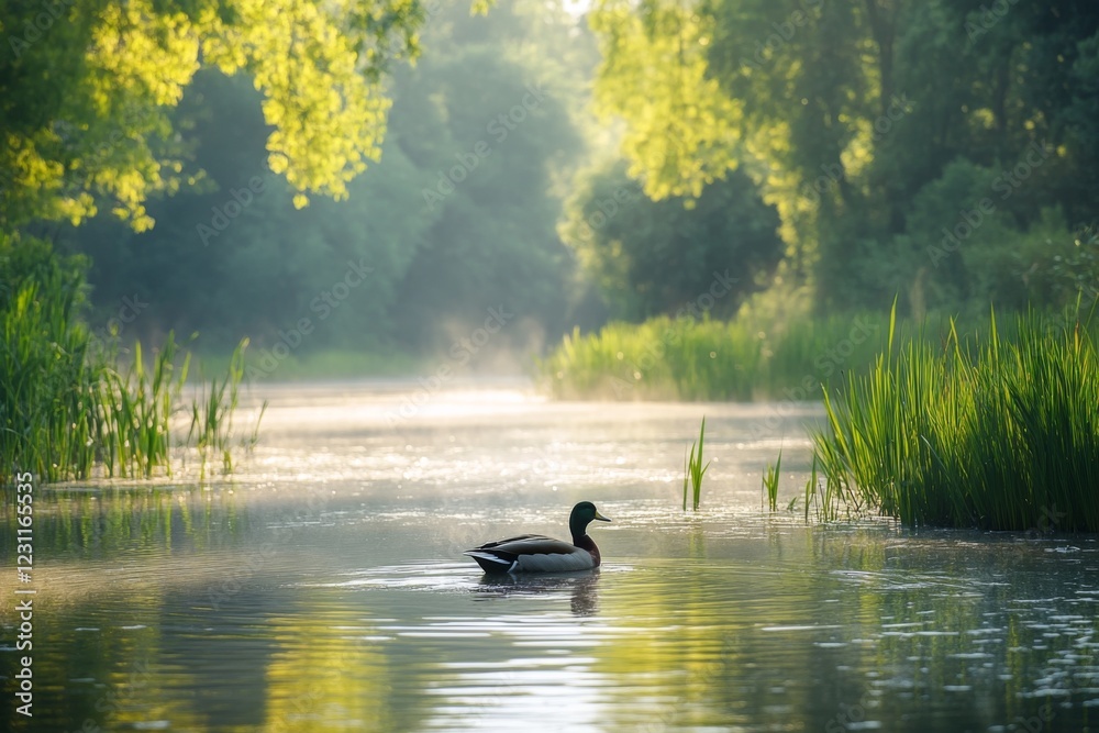 Tranquil lake with a duck swimming and trees reflecting in water Tranquil lake with a duck swimming and trees reflecting in water