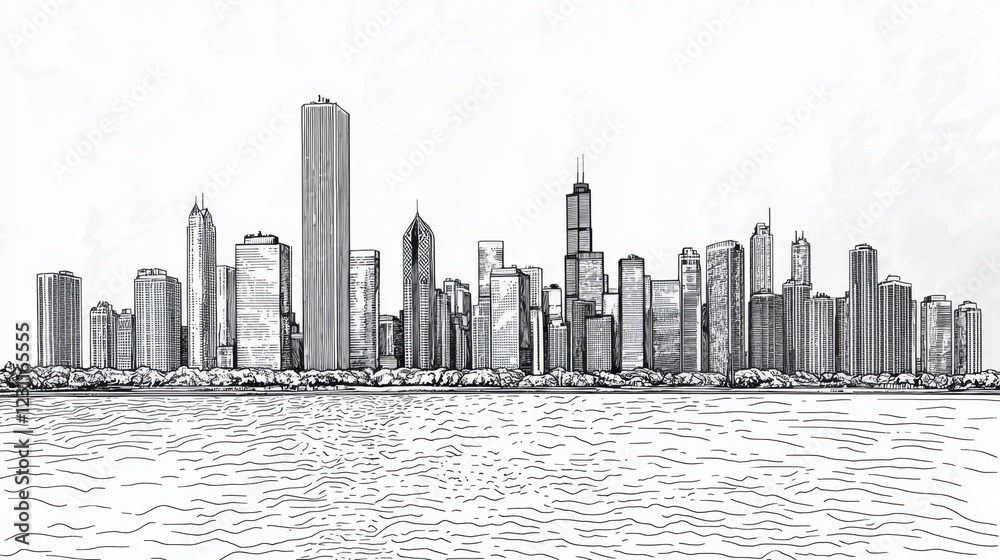Fototapeta premium Detailed Sketch of Chicago Cityscape with Lake View in Soft Tones