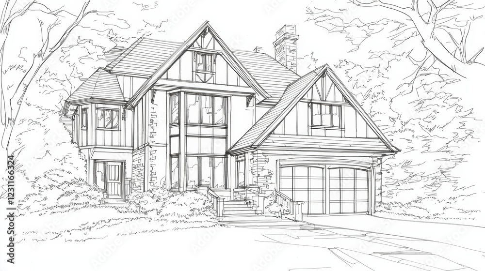 Fototapeta premium Elegant Traditional House Design with Large Windows and Front Steps