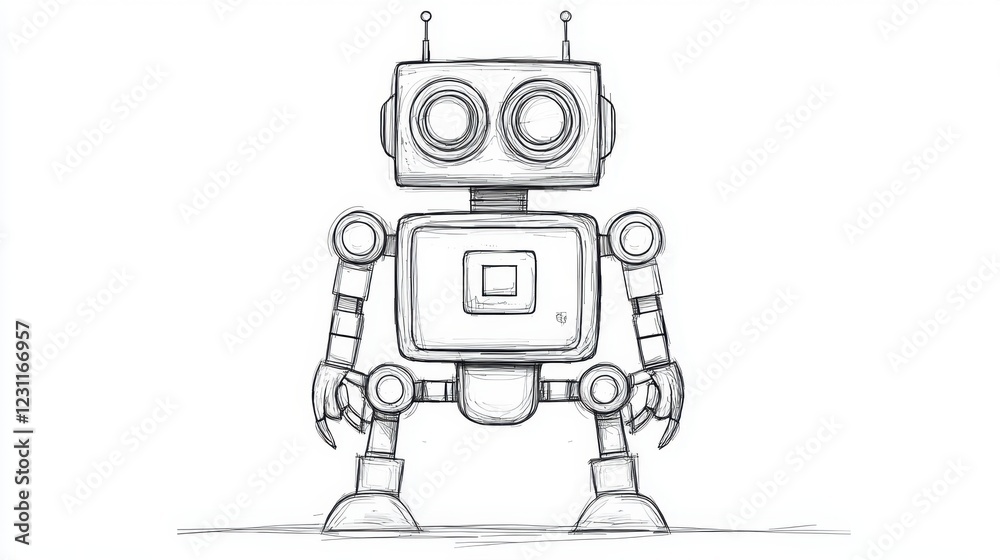 Fototapeta premium Friendly Sketch Robot with Big Eyes and Clunky Design