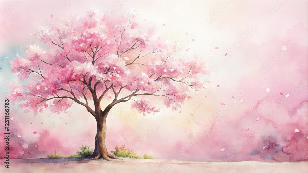 Fototapeta premium Soft pink watercolor painting of a blooming cherry blossom tree, branch, delicate, watercolor, whimsical