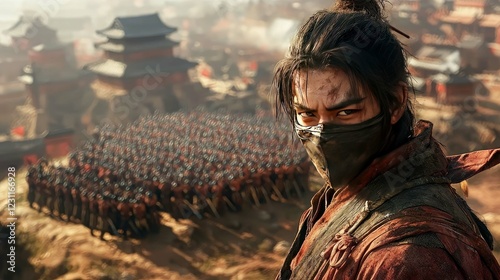 A lone warrior stands defiantly amidst a vast army, his gaze intense and resolute. A scene of ancient Chinese warfare.