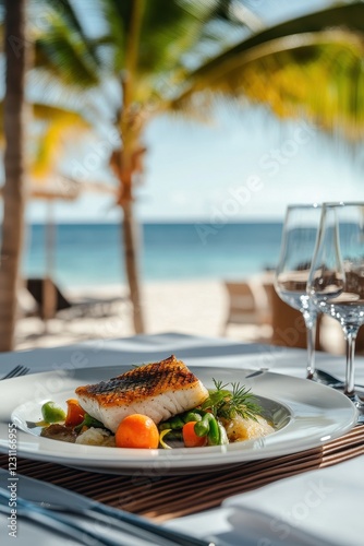 Elegant Grilled Fish Dish with Fresh Vegetables by Tropical Beach