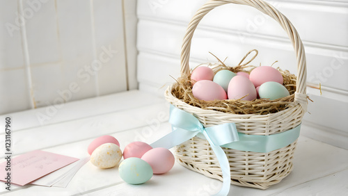 Easter basket with pastel eggs on white wooden background. photo