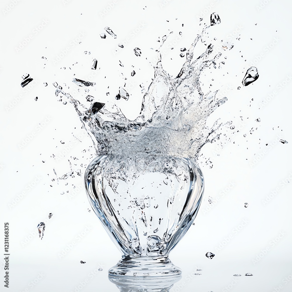 Dynamic splash of water from a glass vase against a white background. Dynamic splash of water from a glass vase against a white background.