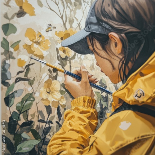 Young Artist Painting Beautiful Floral Mural in Vibrant Colors photo