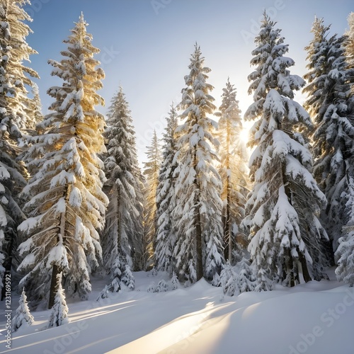 Luz dorada en un bosque nevado, suelo blanco prístino, imponentes árboles de hoja perenne cargados de nieve. photo