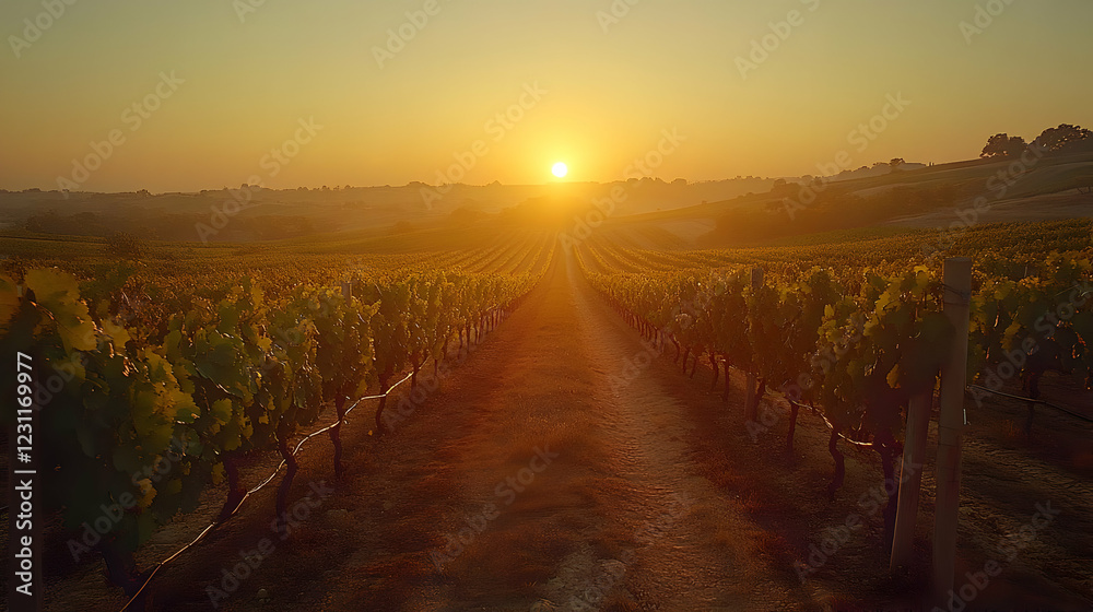 A serene vineyard landscape at sunset, showcasing rows of grapevines. A serene vineyard landscape at sunset, showcasing rows of grapevines.