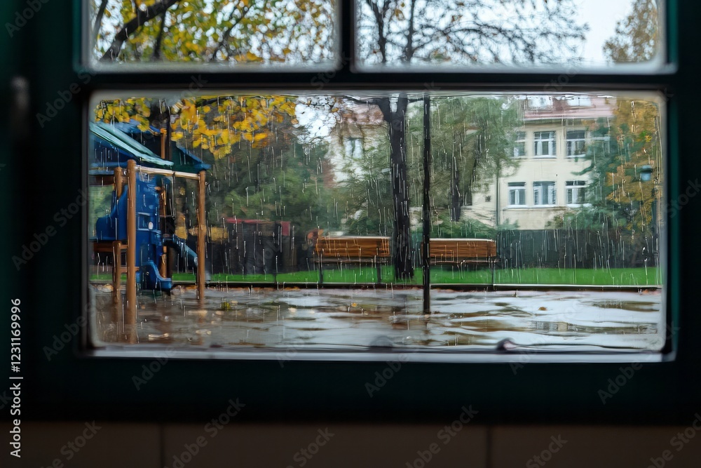 Fototapeta premium The rain blurs the playground as students watch in silence. A gust of wind makes the trees