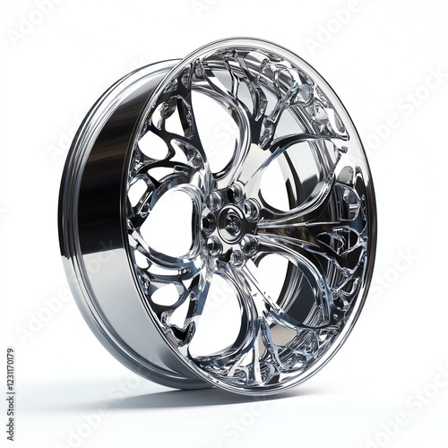 Shiny chrome alloy wheel with intricate design, white isolated background