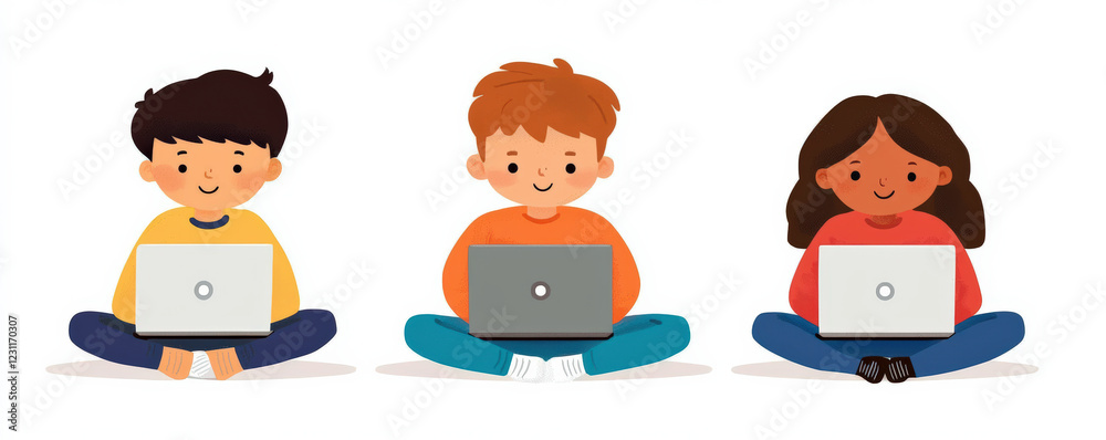 Three children sit cross-legged, focused on their laptops, engaged in learning or activities in a colorful, friendly illustration. Three children sit cross-legged, focused on their laptops, engaged in learning or activities in a colorful, friendly illustration.