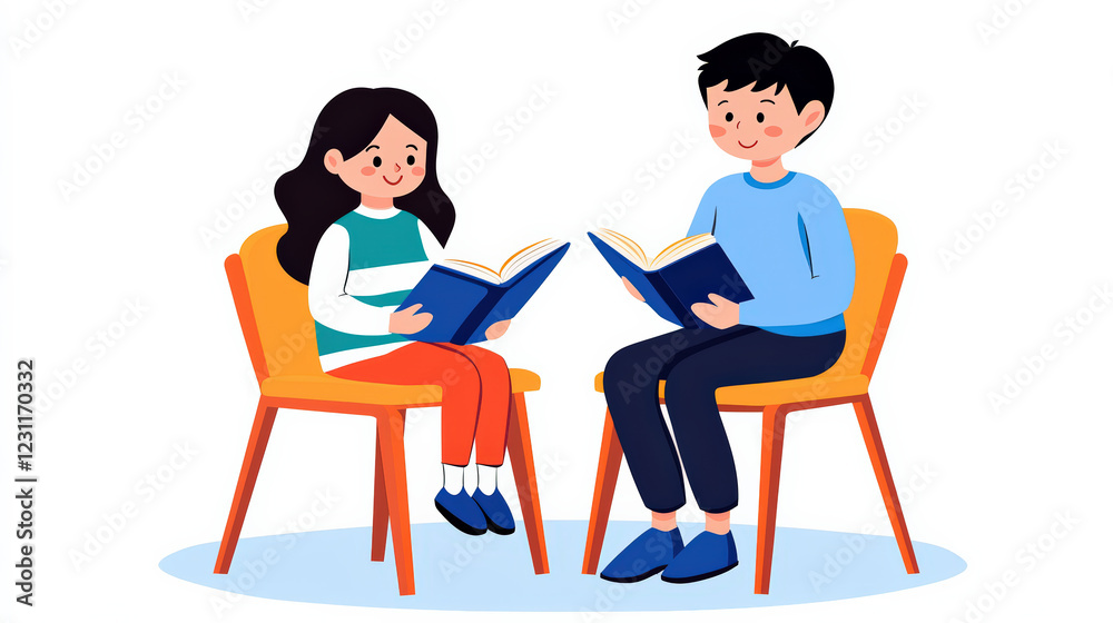 Two children are sitting on chairs, reading books happily, showcasing a moment of learning and friendship. Two children are sitting on chairs, reading books happily, showcasing a moment of learning and friendship.