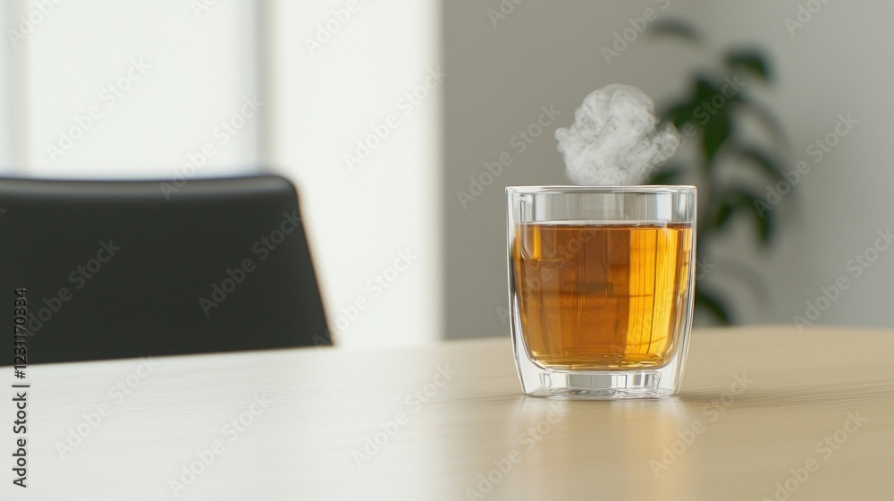 Warm Tea in Glass Cup on Wooden Table Warm Tea in Glass Cup on Wooden Table