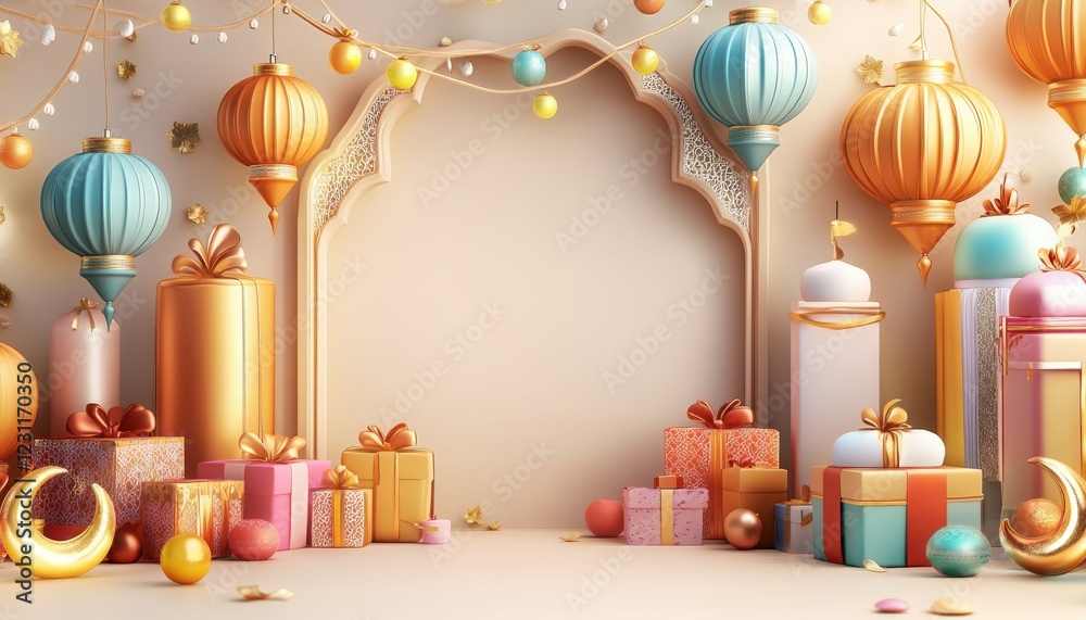 Festive Eid Gifts and Lanterns 3D Render Elegant Islamic Decorations Background Festive Eid Gifts and Lanterns 3D Render Elegant Islamic Decorations Background