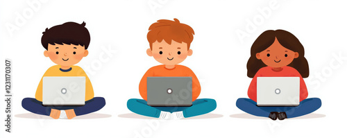 Three children sit cross-legged, focused on their laptops, engaged in learning or activities in a colorful, friendly illustration.