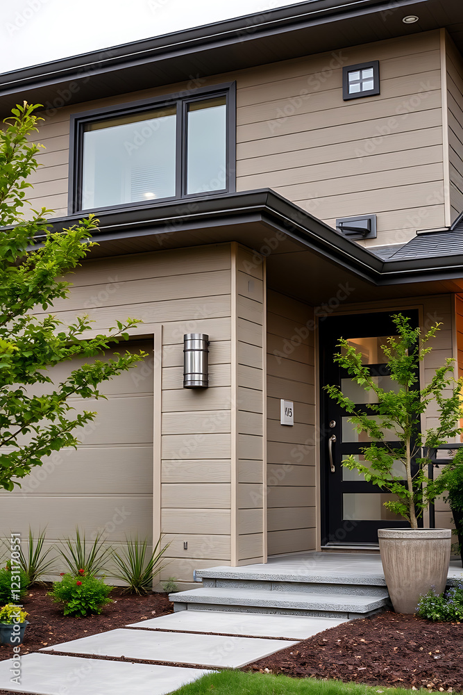 Obraz premium Modern House Exterior: Contemporary Home Design and Architecture. Stunning facade, landscaping, and entrance. Real estate, property, and new construction concepts.