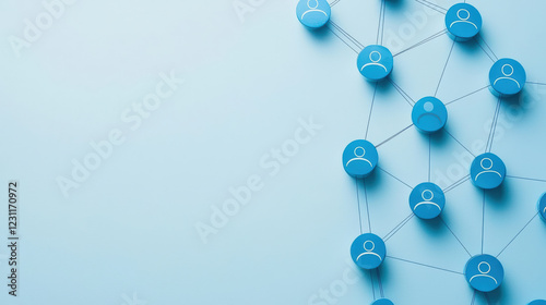 A digital network illustration featuring blue user icons connected by lines, symbolizing social or professional connections on a light blue background.