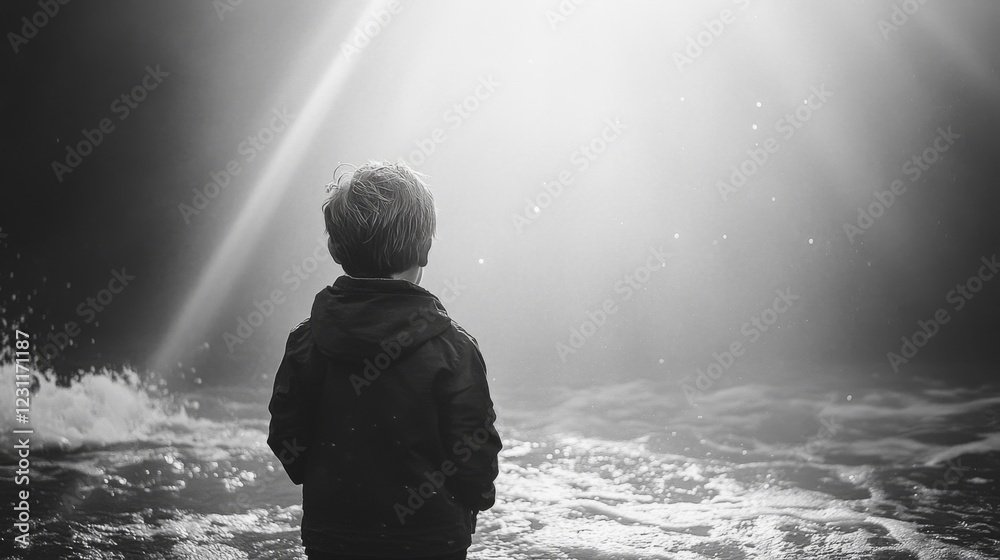 Obraz premium Boy at the Seashore Gazing at Sunlight in Black and White