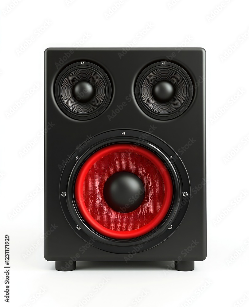 A black and red computer speaker with two speakers on top of it, front view, white background A black and red computer speaker with two speakers on top of it, front view, white background