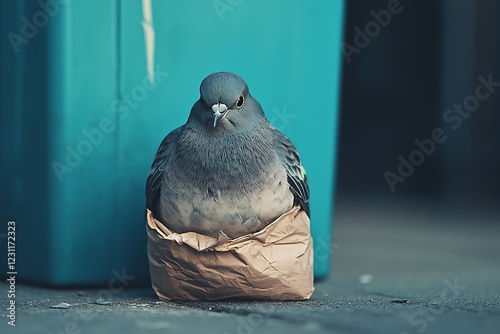Foto A plump pigeon sits snugly in a paper bag, showcasing humorous charm against a teal background, evoking a playful urban scene