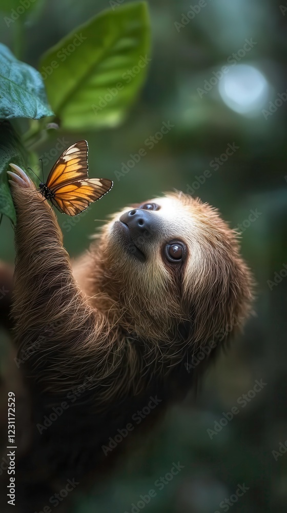 Naklejka premium Three-toed Sloth Upside-Down While Butterfly Drinks From Its Fur in Costa Rica's Cloud Forest. Generative AI