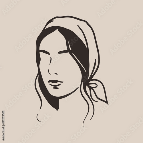 Beautiful woman face vector, girl with a headscarf hair vector art illustration