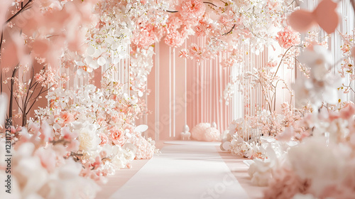 A wedding theme, white and pink color of flower, minimalist 