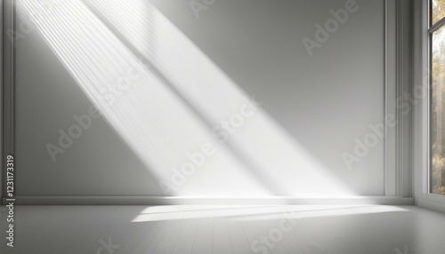 empty room with window and curtains. window sunlight on empty white wall 3d morning interior background display of blank