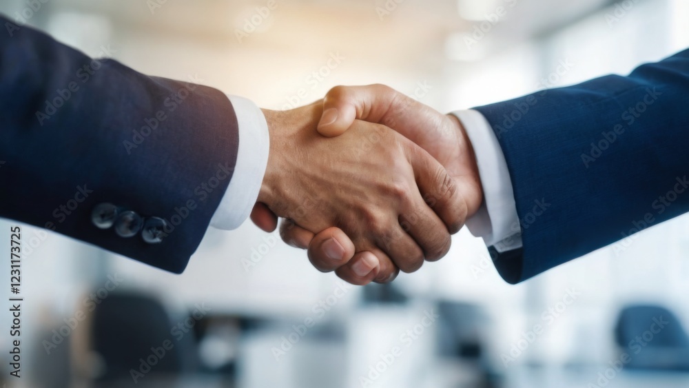 Professional Agreement: Two Businessmen Handshake in Office Setting, Symbolizing Partnership and Accord. Blurred Background of Workplace. Professional Agreement: Two Businessmen Handshake in Office Setting, Symbolizing Partnership and Accord. Blurred Background of Workplace.