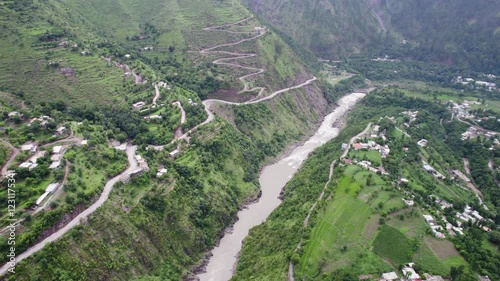 Kishan Ganga River winding road in a lush green MuzaffarAbad valley surrounded by steep mountains in Kashmir, Pakistan photo