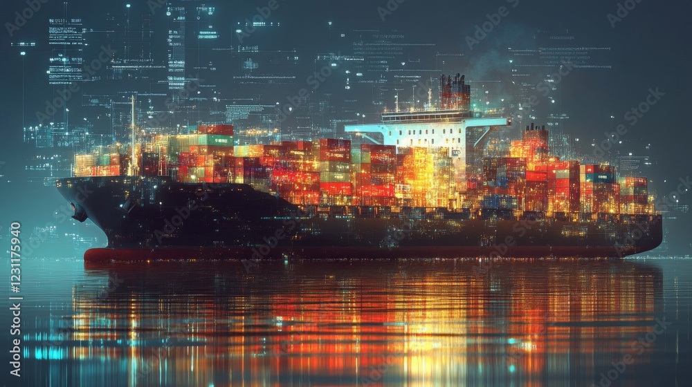 Obraz premium Nighttime Cargo Ship with Digital Overlay