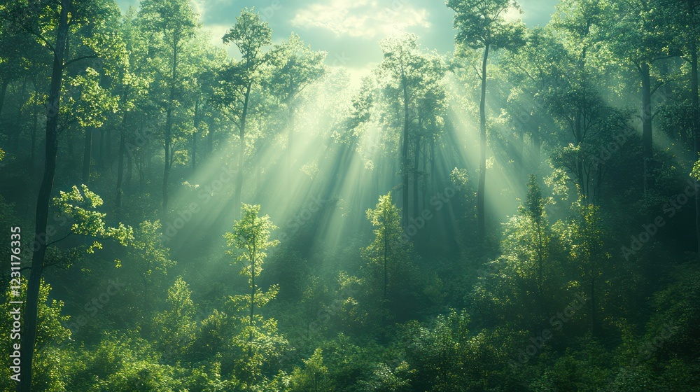 Obraz premium Sunbeams Illuminating a Lush Forest