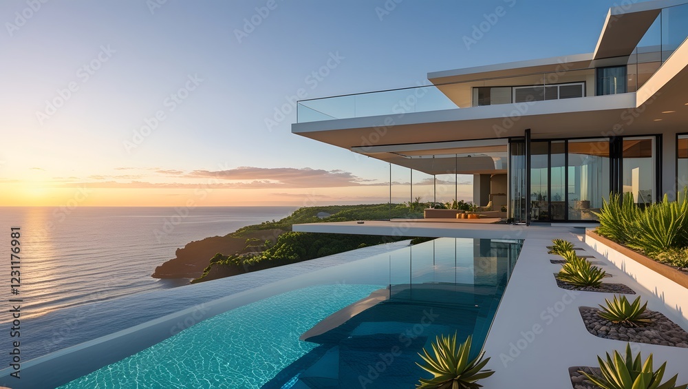 Fototapeta premium Modern mansion with infinity pool overlooking ocean at sunset, clear sky.