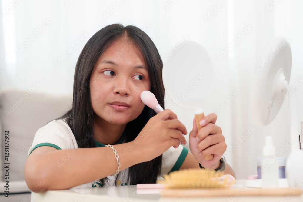 Asian woman with dark hair applying foundation using a makeup brush while looking into a handheld mirror. Various beauty and skincare products arranged on the white surface. Asian woman with dark hair applying foundation using a makeup brush while looking into a handheld mirror. Various beauty and skincare products arranged on the white surface.