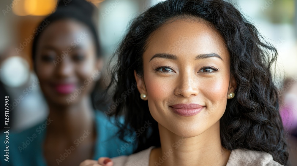 Confident young woman smiling in a bright modern indoor setting Confident young woman smiling in a bright modern indoor setting