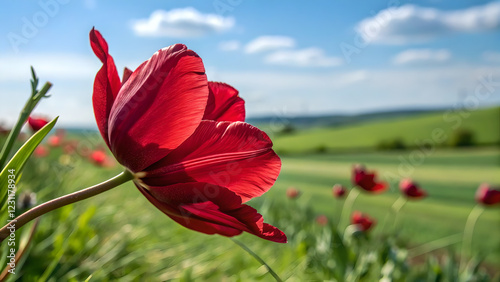 Close-Up of Vibrant Red Tulip with Delicate Petals & Soft Sunlight, Red Tulip in Bloom with Blurred Field, Green Hills & Blue Sky View, Sideways Red Tulip Close-Up with Rolling Hills & Cloudy Blue Sky