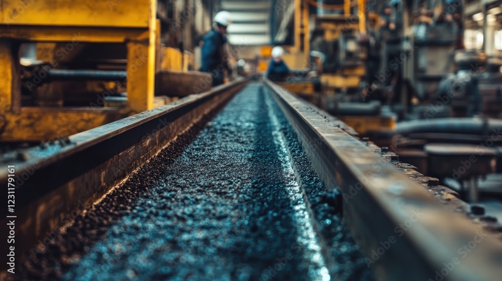 A close-up of railway tracks in an industrial setting, showcasing construction work. A close-up of railway tracks in an industrial setting, showcasing construction work.