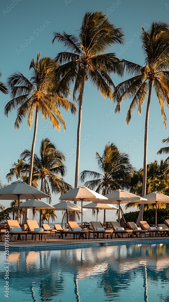 Obraz premium Tropical poolside relaxation; palm trees, ocean view