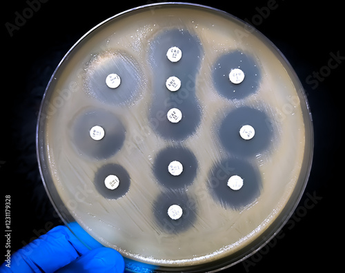 Antimicrobial susceptibility testing in petri dish. Antibiotic resistance test of bacteria.
