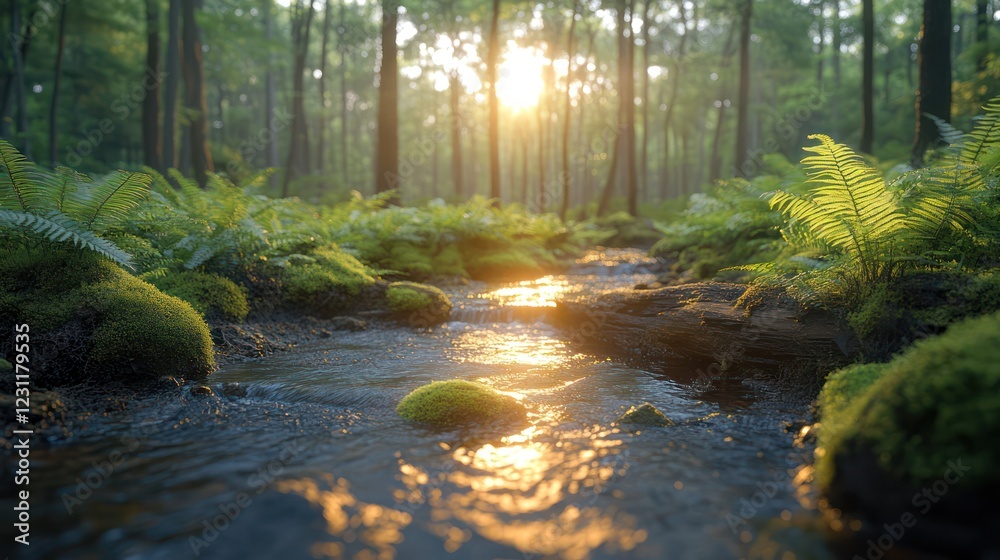 Obraz premium Golden Hour Serenity: A Forest Stream at Sunset