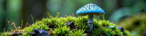 Moss and lichen covering blue mushroom Stropharia aeruginosa, lichen, aeruginosa photo