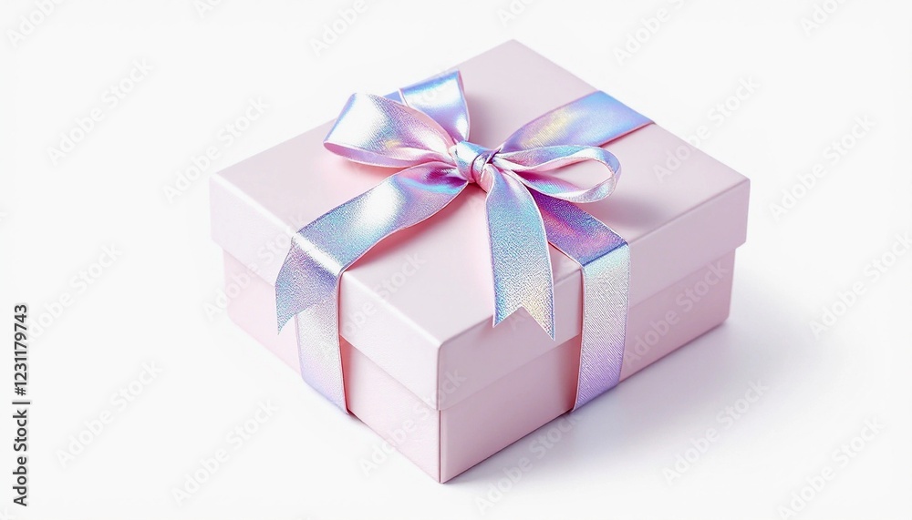 Obraz premium Iridescent ribbon on a pastel gift box presents a magical and soft aesthetic