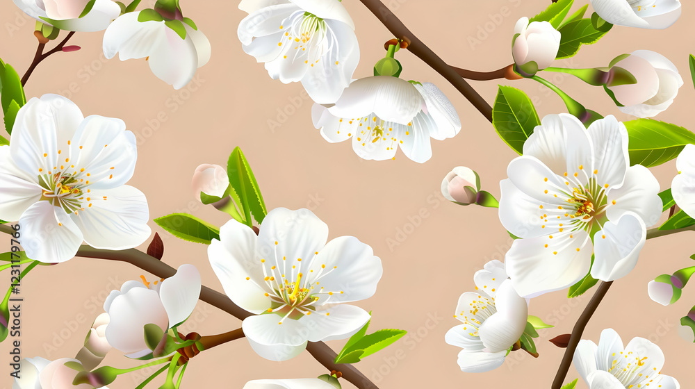 Fototapeta premium A floral pattern featuring white blossoms and green leaves on a soft background.
