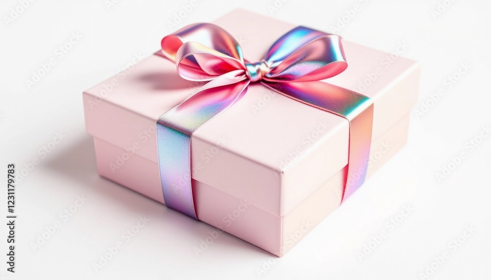Obraz premium A soft pink gift box adorned with an iridescent ribbon, delicately placed on a white background