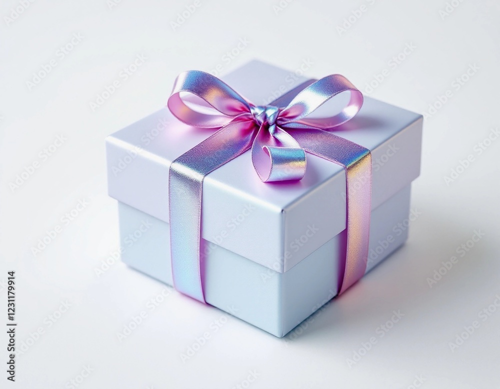 Obraz premium Iridescent ribbon tied around a pale gray box makes a stylish present