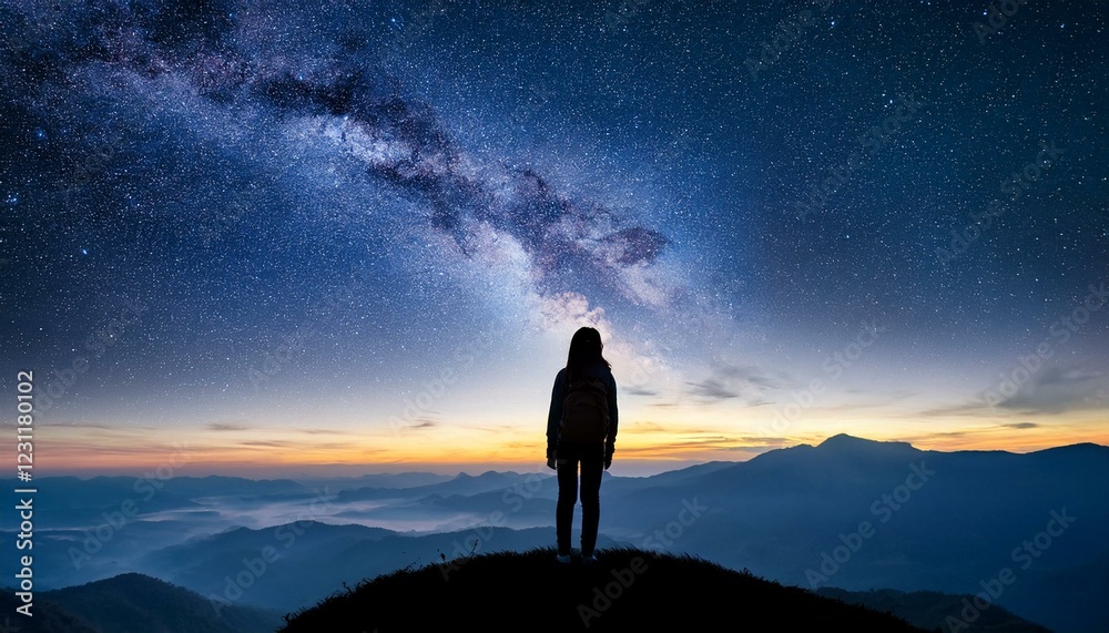 Fototapeta premium silhouette of a person on the top of mountain. Silhouette of girl standing on mountain and night sky with shooting star. Alone concept.