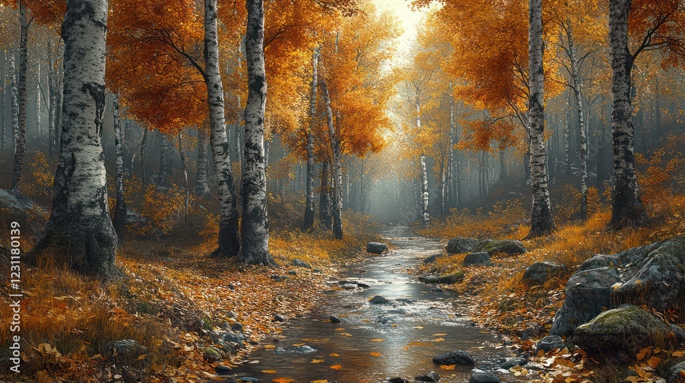 Fototapeta premium Autumnal Birch Forest Stream: A Serene Escape