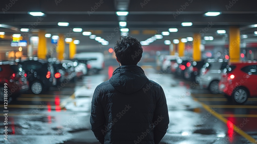 Obraz premium Person Standing Still in Parking Lot with Reflections at Night